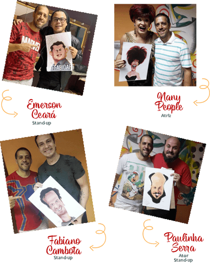 Fotos de caricaturas do Emerson Ceará, Nany People, Fabiano Cambota e Paulinho Serra.